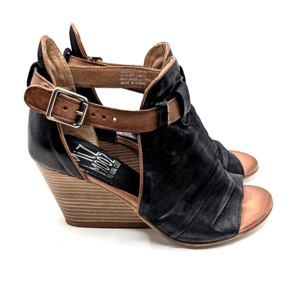 Miz Mooz Peep Toe Wedge Sandals 6 Black Leather Festival Boho Stacked Heels 36